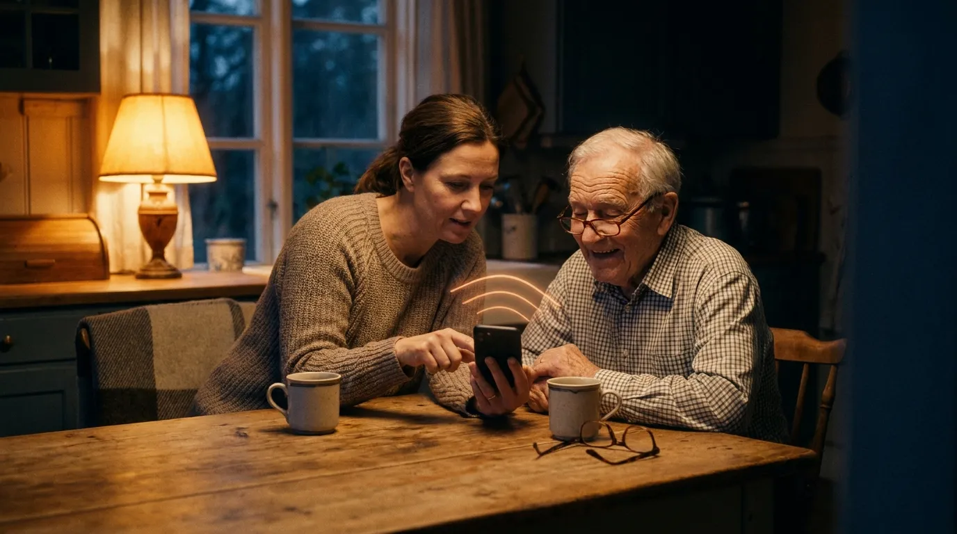 An adult daughter helping her father with his phone at the kitchen table, both smiling