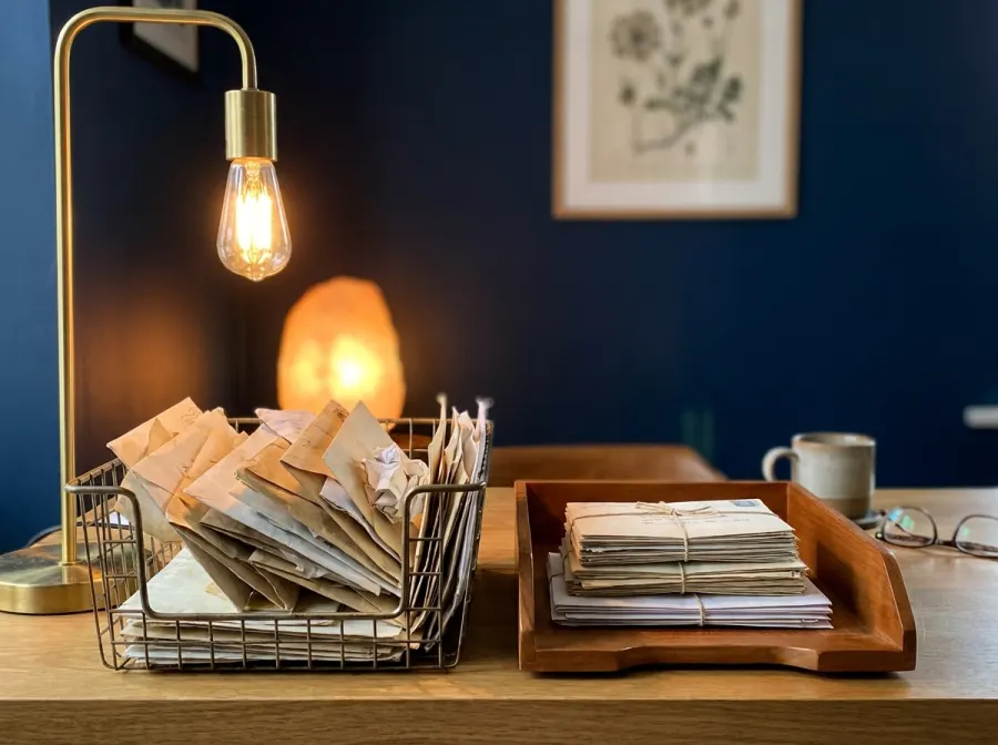 An overflowing letter tray beside one tidy inbox tray