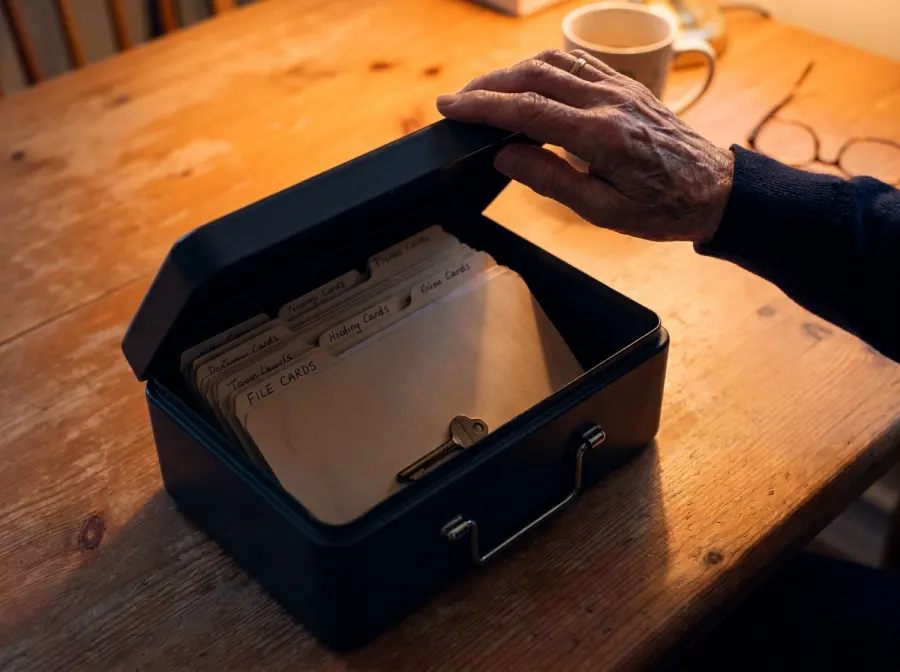 A small organized family document box with a brass key