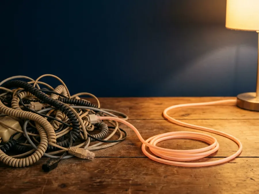 Tangled telephone cords resolving into one clear cable